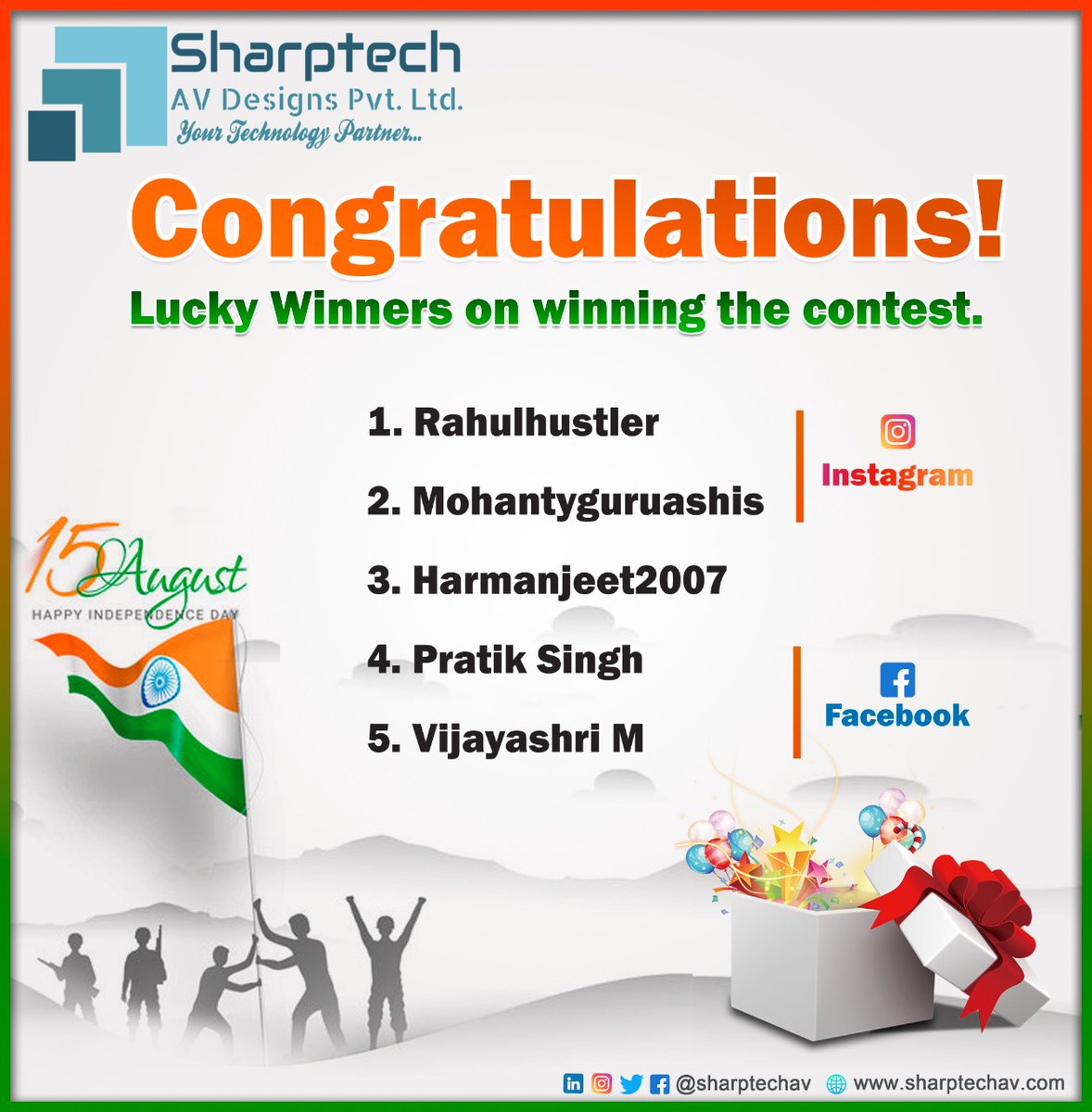 SharptechL's tweet photo. As promised, We have 5 lucky winners!
Yes, 5 winners!
Congratulations to the lucky winners and thank you for participating in the contest.
#75thIndependenceDay #FreedomSaviours #india #SharptechAVDesigns #winners #Prize #ContestWinners https://t.co/eo04CYDDYt