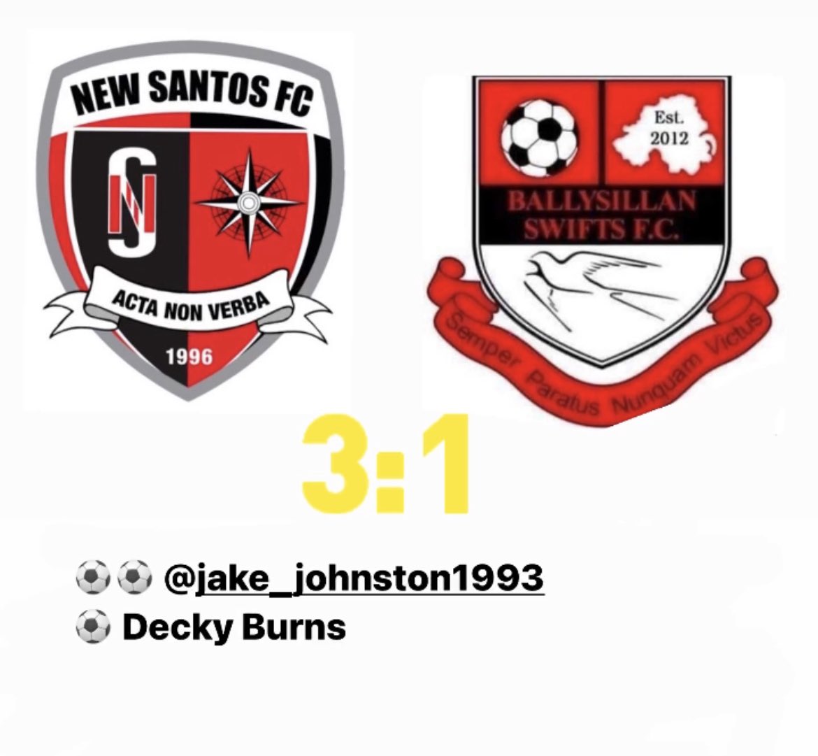 NewSantosFC's tweet photo. Results 20.08.2022;

Good luck to both teams for the season. 

Two good games for the squad and a lot of competition across the pitch going into the season. 

The win against ballysillan swifts sets up a pre season cup final- details to follow. 

#ForzaSantos 🔴⚫️ https://t.co/xF6pLFqLNo