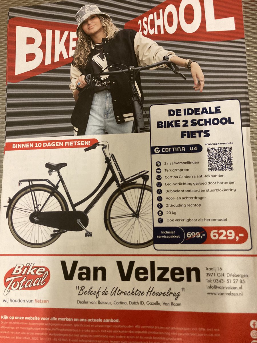 vVelzenFietsen's tweet photo. Nog een mooie #schoolfiets scoren? Diverse kleuren #Cortina U4 transportfiets op voorraad! Dus je kan deze week gewoon op je nieuwe fiets naar school… hoe vet is dat? https://t.co/UasboojVUs
