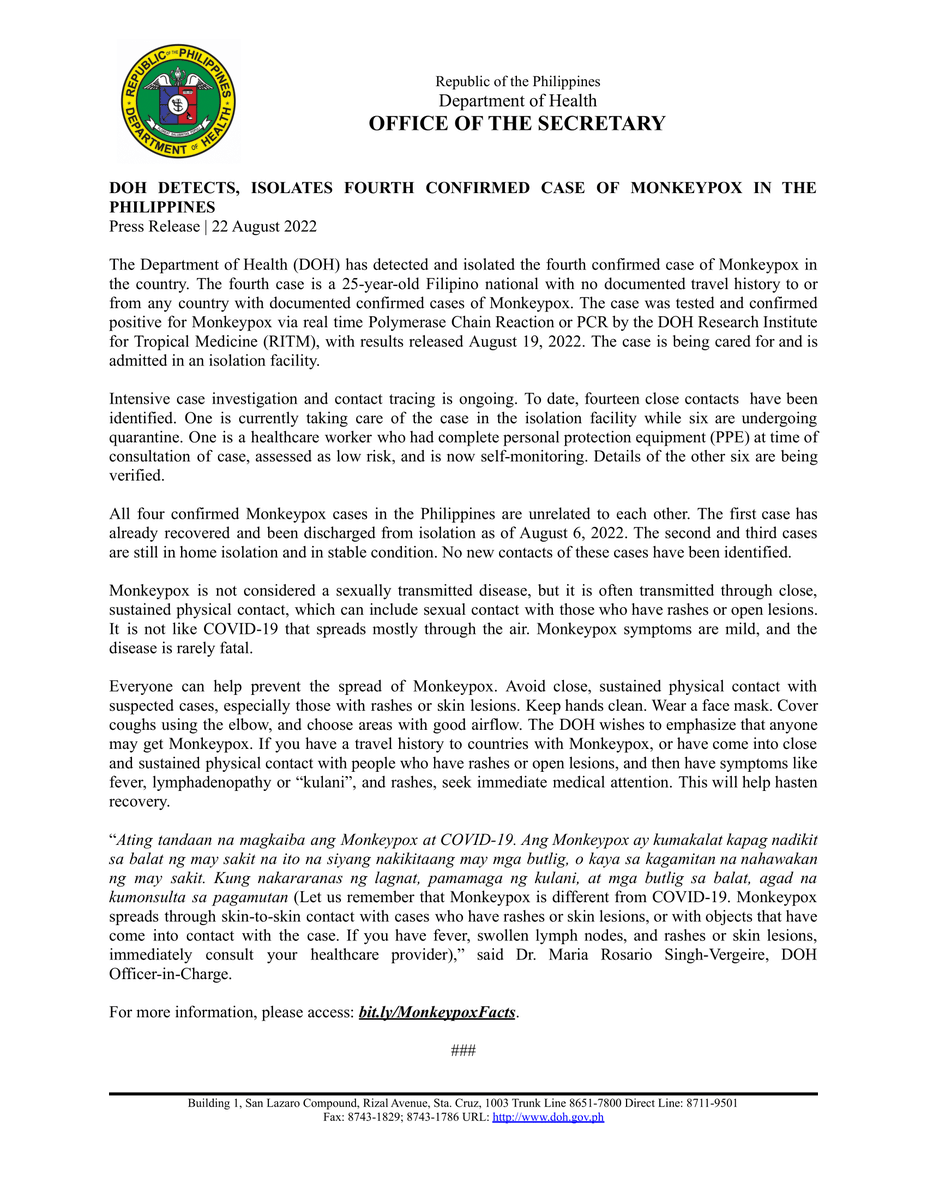 PhilippineStar's tweet photo. The Department of Health (DOH) announced on Monday the detection of fourth case of monkeypox in the Philippines. 

The fourth case is a 25-year-old Filipino national with no documented travel history to or from any country with confirmed monkeypox cases, according to DOH. https://t.co/ezOU1aCRpB
