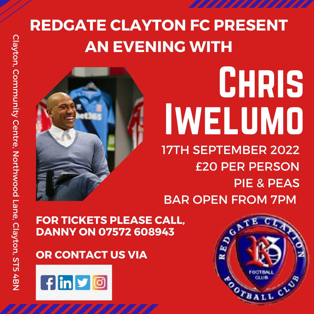 Redgate_C_FC's tweet photo. Redgate Clayton FC Present an Evening with Chris Iwelumo.

If anyone is interested in joining us on the 17th September, please send us a message on here or contact Danny Hattersley or Zand.

We hope to see you on the night, bar is open from 7pm 🍻. https://t.co/jG1vqaZsTV