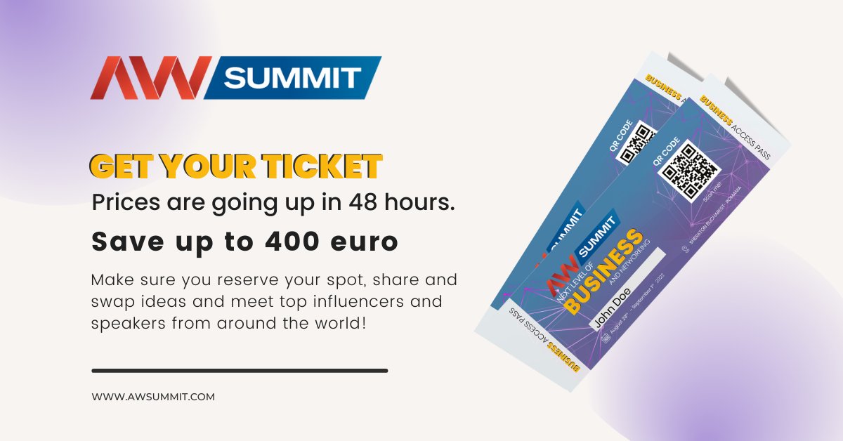 theAWMedia's tweet photo. Hurry up and reserve your spot!
Ticket prices are going up in a couple of days!
Book yours now!
#business #success #awsummit #awsummit2022 #levelup #businessowner #morebusinessolution #businesspassion #marketingstrategy #digitalmarketing #affiliatemarketer #affiliate https://t.co/VAtHNpORqR