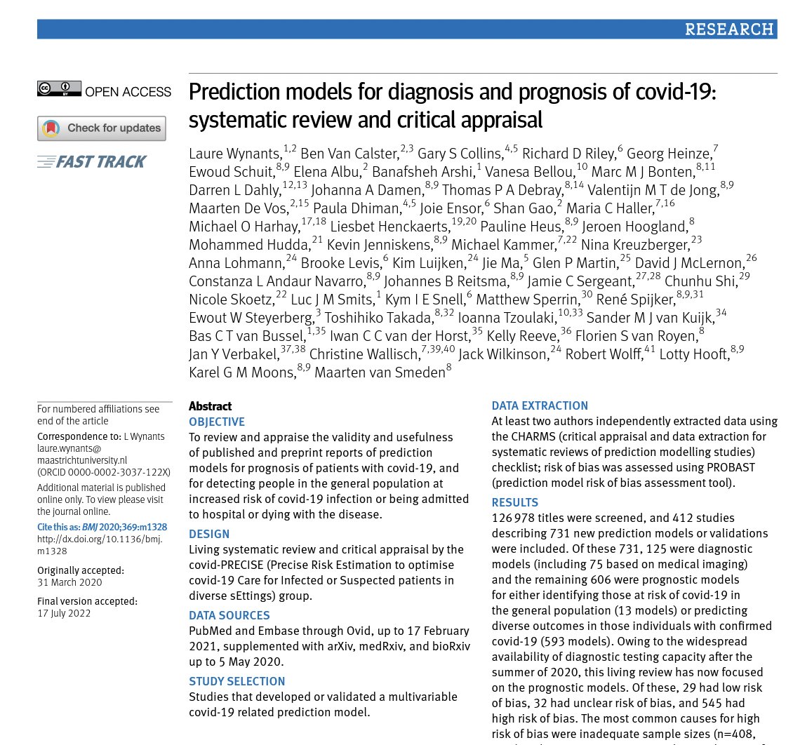 NEW UPDATE of our living review on covid-19 prediction models <a href="/bmj_latest/">The BMJ</a> 

TL;DR: 731 models evaluated, with largest majority very poorly developed, validated and reported, but also a few noticeable exceptions
bmj.com/content/369/bm…