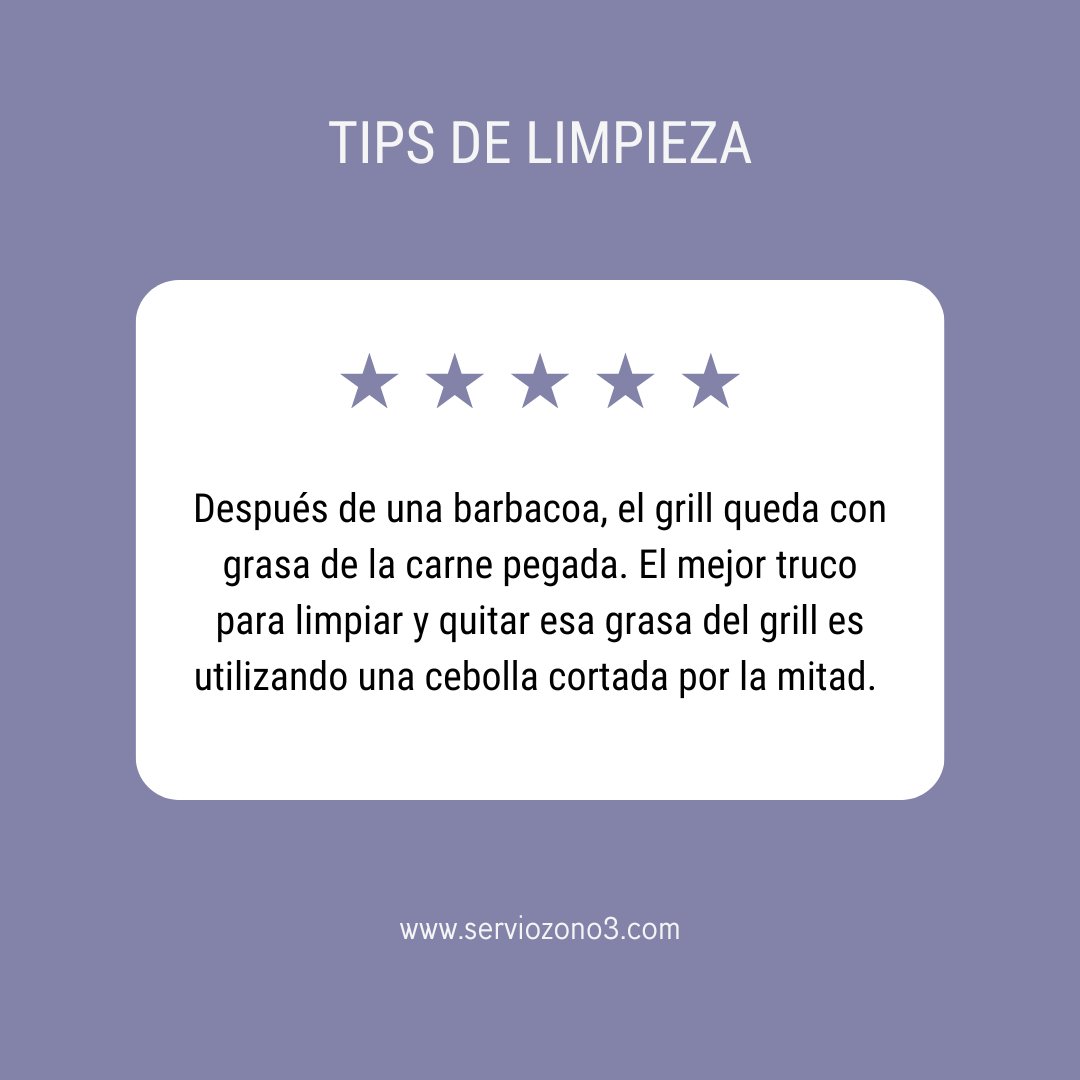 Un #TipDeLimpieza ideal para el #verano 
#limpiarlabarbacoa
Tenemos que colocar la cebolla con la parte carnosa boca abajo y frotar las rejillas del grill. Quedará limpio y con un aroma a cebolla ideal para la próxima barbacoa.
¿Lo sabías?. ¿Qué te ha parecido?
-
#Serviozono3.