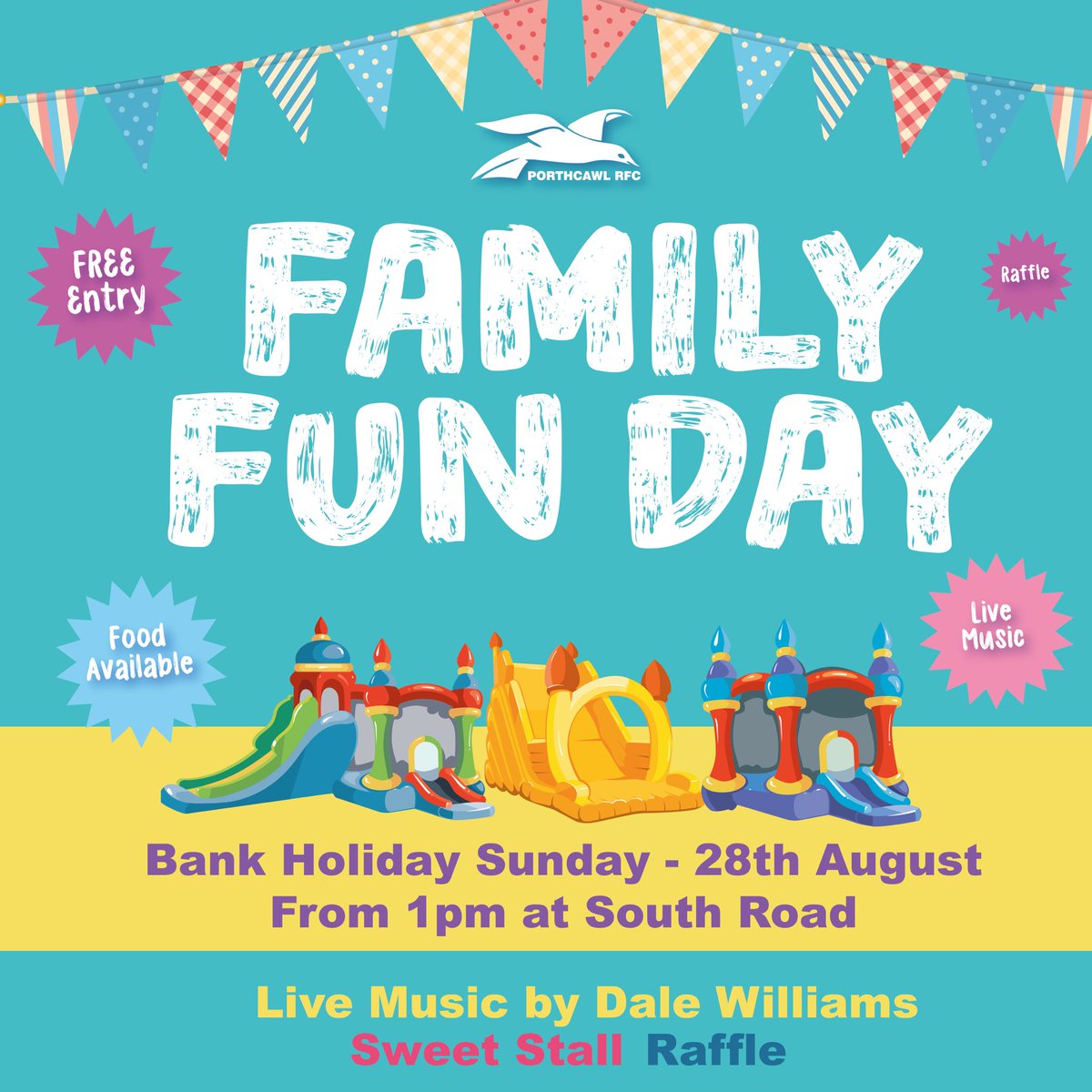 Family Fun Day 📣
Bank Holiday Sunday  - 28th August - from 1pm  

FREE entry 🎟

➡️  65ft obstacle course
➡️  Event slide
➡️  Bouncy Castle
➡️  Live music by Dale Williams
➡️  Raffle
➡️  Sweet Stall
➡️  Food available

🍟🏰🍬🎉
#FamilyFunDay 
#OneClub #AllInItTogether
