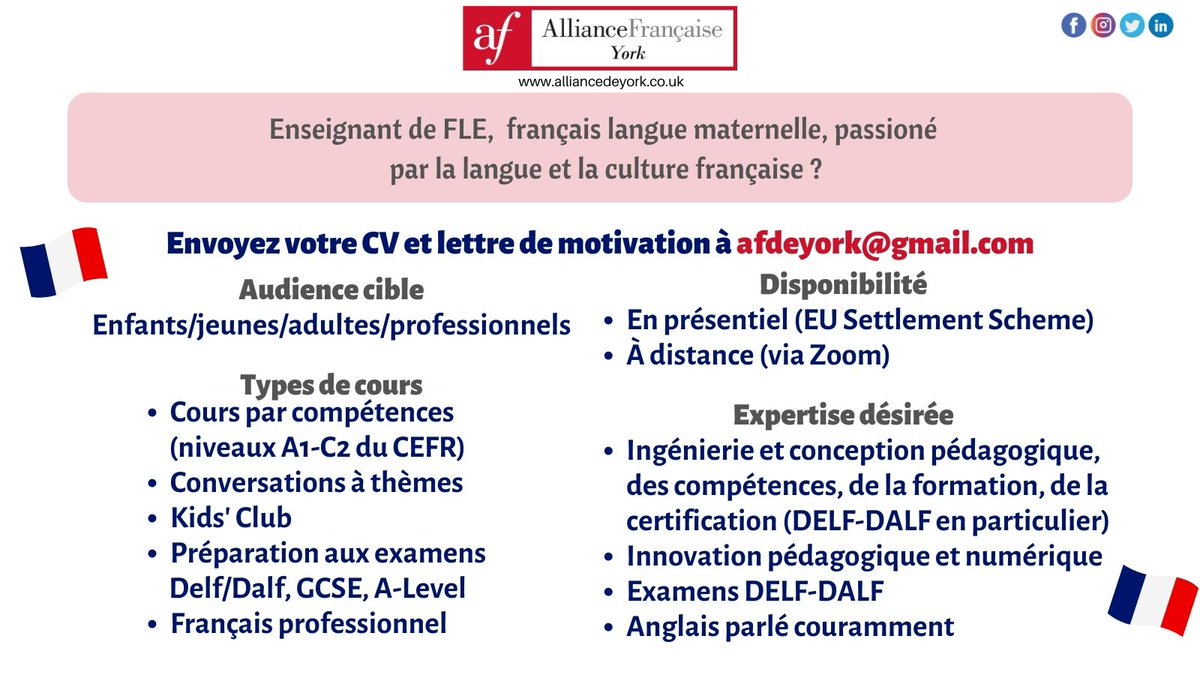 AFdeYork's tweet photo. Enseignant de FLE, français langue maternelle, passioné par la langue et la culture française ?
Rejoignez-nous !
#EnseignantFLE #ProfFLE #afdy #AllianceFrancaiseYork #FrenchTeacher https://t.co/bqQysniEoi