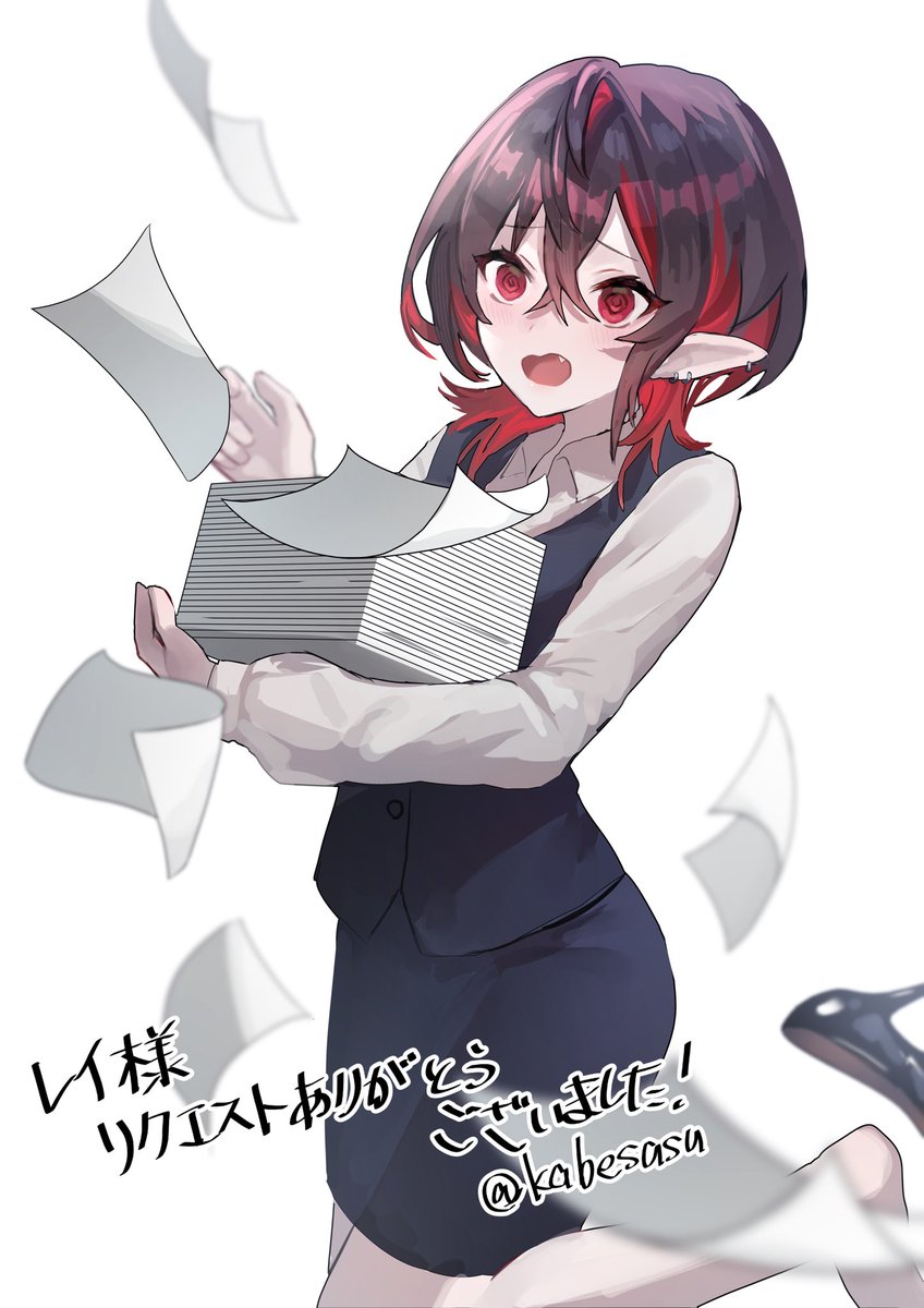 1girl office lady pointy ears red eyes red hair paper black hair  illustration images