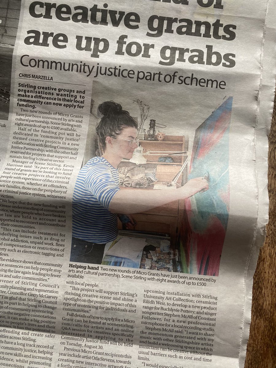 Lovely to spot myself in the @StirObserver for being awarded a @SceneStirling grant - thanks for the shout out about my exhibition @Macrobert ✨

#whatsonstirling #scottishart #artsgrants