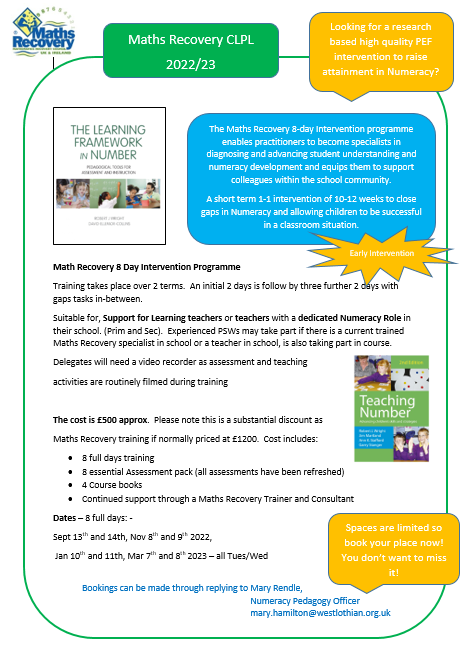 Looking for a research based PEF Intervention to raise attainment in Numeracy and achieve equity? West Lothian are delighted to offer Maths Recovery Intervention CLPL. Please see flyer for booking details. Spaces will be limited -book now! @WLmaths @WL_Equity @MathsRecoveryUK