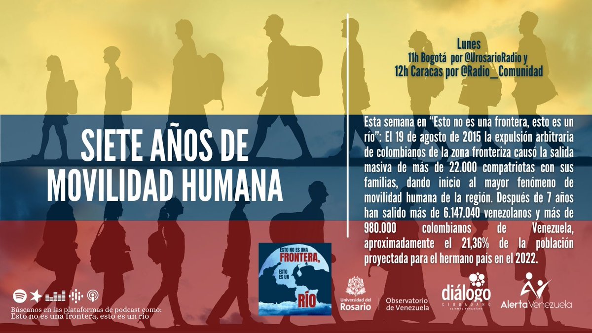 Siete años de movilidad humana
Hoy 11h por <a href="/URosarioRadio/">URosarioRadio</a> spreaker.com/show/esto-no-e…
 <a href="/infopresidencia/">Presidencia Colombia 🇨🇴</a>  <a href="/petrogustavo/">Gustavo Petro</a> <a href="/FranciaMarquezM/">Francia Márquez Mina</a> <a href="/MauricioLizcano/">Mauricio Lizcano</a> <a href="/velascoluisf/">Luis Fernando Velasco Chaves 🚩</a> <a href="/CancilleriaCol/">Cancillería Colombia</a> <a href="/AlvaroLeyva/">Álvaro Leyva Durán</a> <a href="/Lauraggils/">Laura Gil</a> <a href="/GloriaFlorezSI/">Gloria Flórez Senadora</a> <a href="/SenadoGovCo/">Senado de la República 🇨🇴</a> <a href="/GciaFronterasCo/">Gerencia de Fronteras Colombia</a> <a href="/MigracionCol/">Migración Colombia</a>