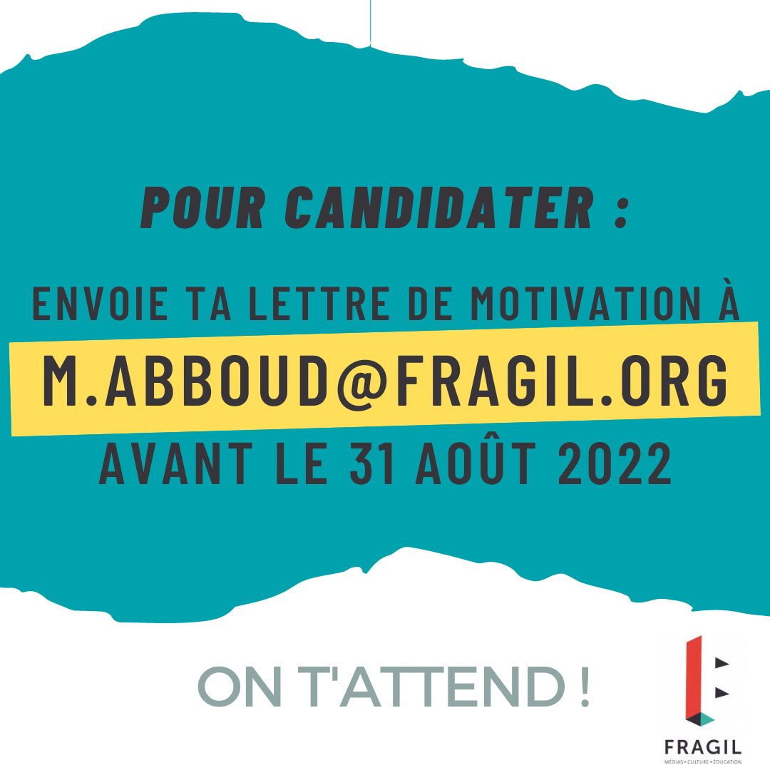 Educmedias's tweet photo. [FRAGIL RECRUTE UN·E VOLONTAIRE] 
Fragil recherche son ou sa volontaire en service civique pour la saison 2022-2023 ! On attend vos candidatures ! 
#eam #emi #servicecivique #nantes #loireatlantique https://t.co/r05RkCu6xQ