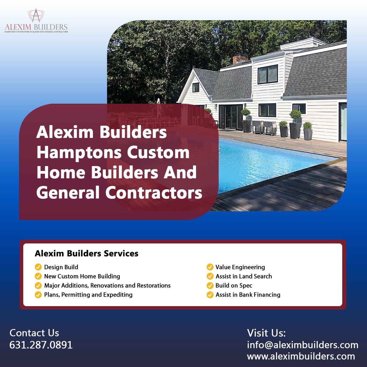 builders_alexim's tweet photo. Alexim Builders Hamptons Custom Home Builders And General Contractors
Alexim Builders Services
- #Design #Build
- New #Custom #Home #Building
- Major #Additions, #Renovations and #Restorations
- #Plans, #Permitting and #Expediting
#alexim #aleximbuilders https://t.co/7pBaDjpPVU