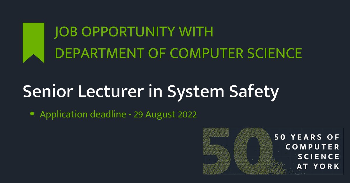 One week left to apply! Senior lecturer in system safety @UoY_CS with opportunities to collaborate with our #AssuringAutonomy team. Apply here: jobs.york.ac.uk/vacancy/senior…