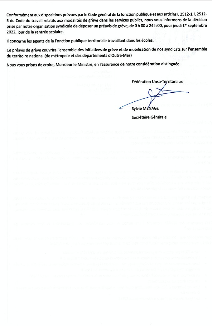 #UNSA Territoriaux écrit ce jour au Ministre de la Transformation et de la Fonction publiques, Stanislas Guerini, pour porter les revendications des #ATSEM et appeler à un mouvement de #grève le jeudi 1er septembre 2022, jour de la #RentreeScolaire
