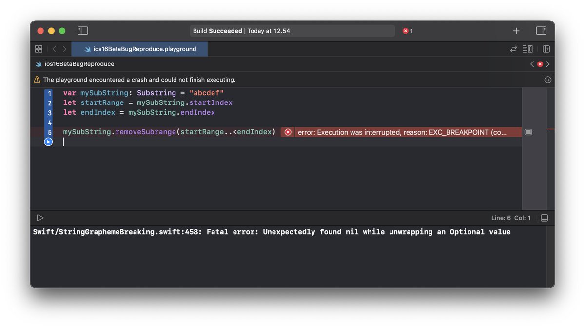 NikolajMosb's tweet image. I’m seeing something really strange in #iOS16Beta6 / #Xcode14Beta. In the first pic I’m removing a subrange from a Substring in iOS 16 / Xcode 14 and receiving a crash for a null-pointer. In the second image I’m doing the exact same thing for iOS 15.4 / Xcode 13.4.1 with no error