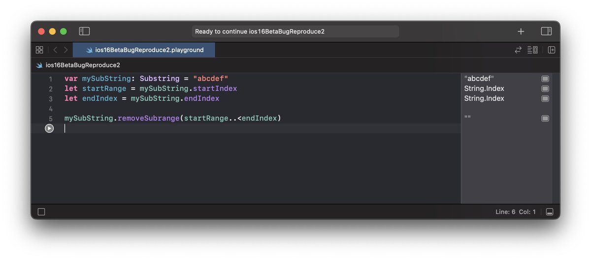 NikolajMosb's tweet image. I’m seeing something really strange in #iOS16Beta6 / #Xcode14Beta. In the first pic I’m removing a subrange from a Substring in iOS 16 / Xcode 14 and receiving a crash for a null-pointer. In the second image I’m doing the exact same thing for iOS 15.4 / Xcode 13.4.1 with no error