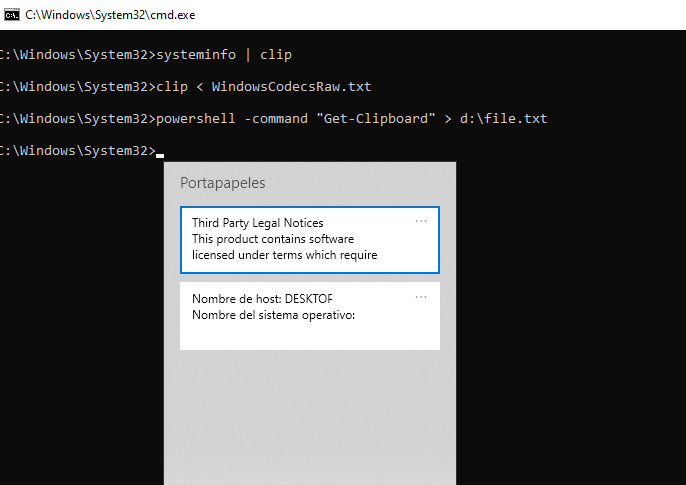 Truquillo para forenses y cualquiera que necesite manejar el portapapeles desde el cmd. En la imagen, cómo: A) pasar el resultado de un comando directamente al clipboard. B) para un archivo. C) simular un paste. 
Y cómo recuperar el historial del portapapeles (tecla Windows+V).