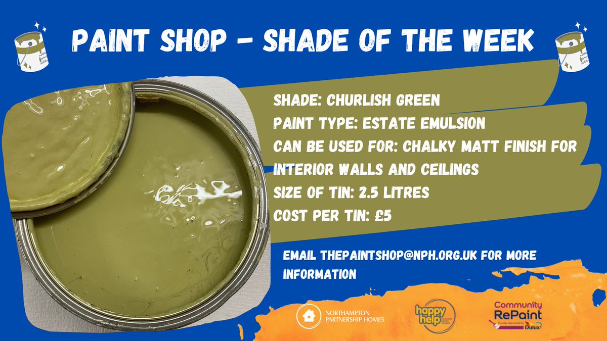 NPH_news's tweet photo. Our Paint Shop's #ShadeOfTheWeek this week is Churlish Green. This is a green paint with yellow pigments, so it's a lovely, vibrant colour.
We have this in estate emulsion which has a chalky matt finish. It's in stock in 2.5 litre tins, costing £5 each. (1/2) https://t.co/BtufcmavyN