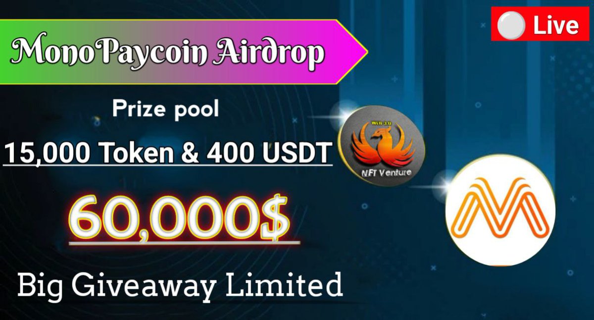 NFTVenturePro's tweet image. 📣 Massive #Giveaway 🔥

🏆BiG Prize Pool ::
15,000 $MPC Token Worth 60,000$🤑

To Enter:
1️⃣Follow @CB_SOLANA &amp;amp; @NFTVenturePro and @MonoPayCoin
2️⃣RT &amp;amp; Tag 5 Friends
3️⃣Do #Gleam Tasks : wn.nr/btkHFd

 #Airdrop #NFTs #Giveaways  #GiveawayAlert #Crypto #USDT #CBDAO