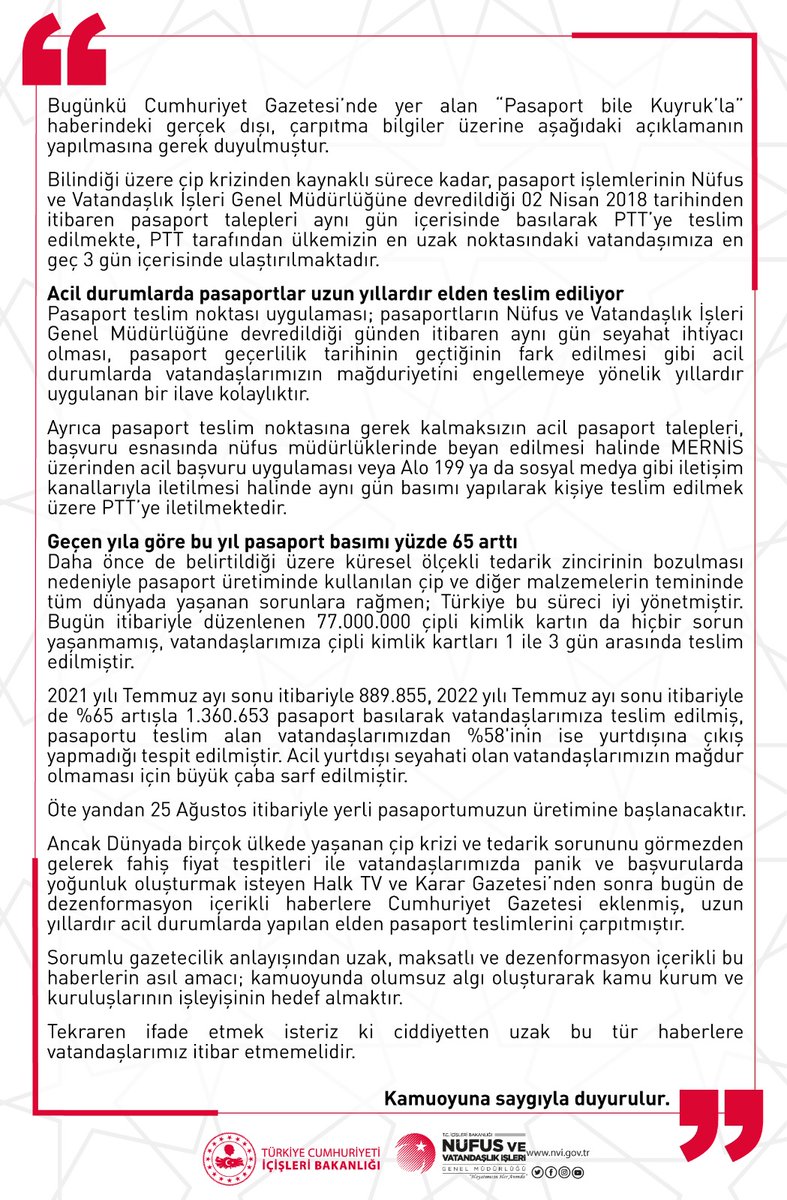 Nüfus ve Vatandaşlık İşleri Genel Müdürlüğü (@tcnufus) on Twitter photo Bugünkü Cumhuriyet Gazetesi’nde yer alan “Pasaport bile Kuyruk’la” haberindeki gerçek dışı, çarpıtma bilgiler üzerine aşağıdaki açıklamanın yapılmasına gerek duyulmuştur❗ Bugünkü Cumhuriyet Gazetesi’nde yer alan “Pasaport bile Kuyruk’la” haberindeki gerçek dışı, çarpıtma bilgiler üzerine aşağıdaki açıklamanın yapılmasına gerek duyulmuştur❗