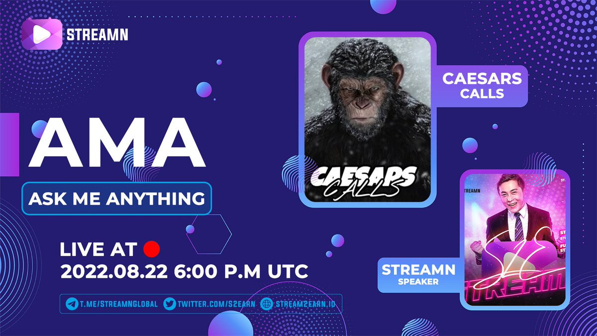 🚀🎤 [VOICE AMA] 🎤🚀

CAESARS CALLS X STREAMN
📅 2022.08.22 | 6:00 PM UTC 🕒
Where:  t.me/Caesars_Calls
Project: t.me/StreamNGlobal
Website: stream2earn.io
🚀◾️◾️◾️◾️◾️◾️◾️◾️◾️◾️◾️🚀
Pre-sale: pinksale.finance/launchpad/0x43…