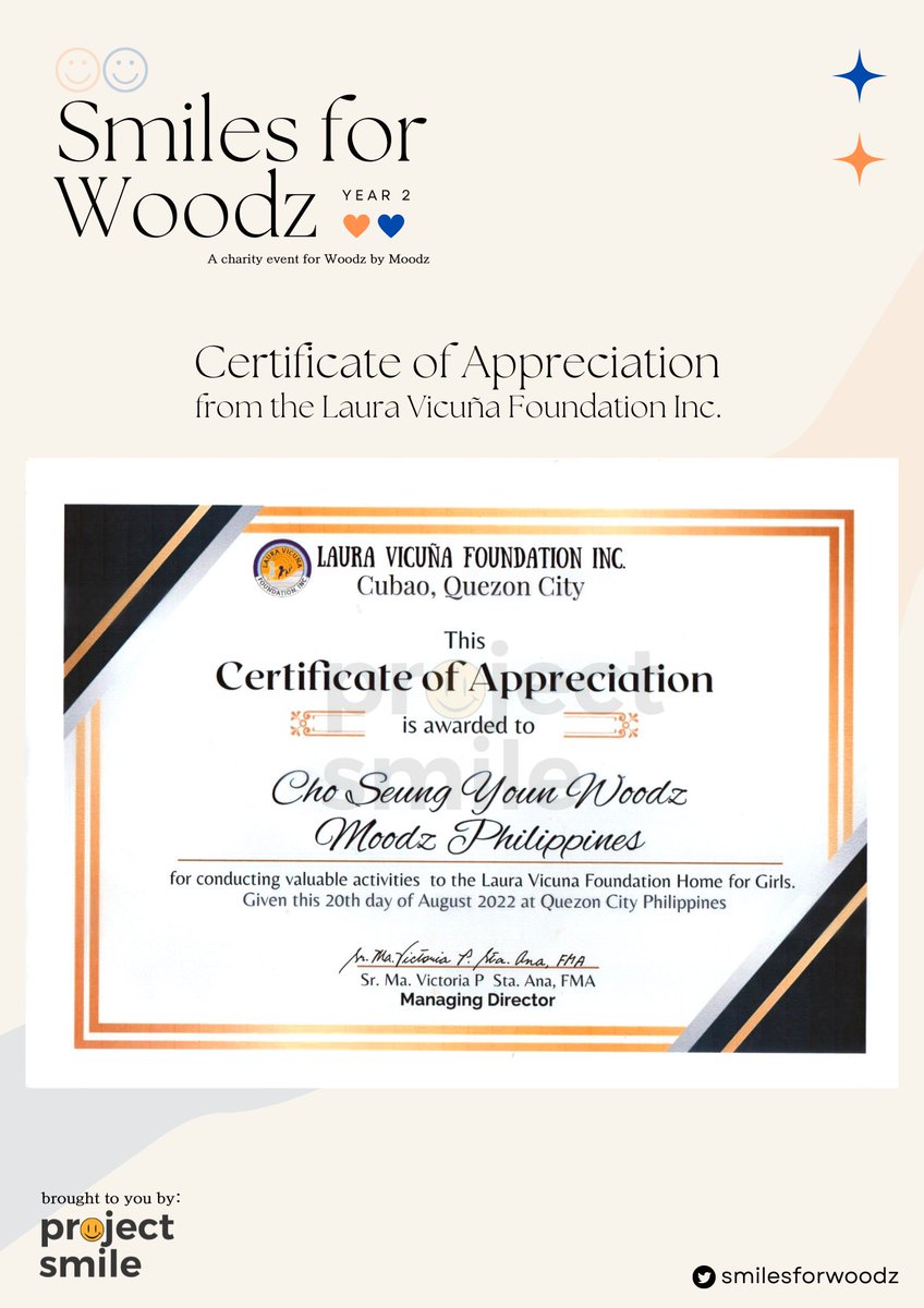 smilesforwoodz's tweet photo. 🧡HAPPY WOODZ DAY💙
#SmilesForWOODZ Year 2:
A charity event for #Woodz by #Moodz
Certificate of Appreciation from the Laura Vicuña Foundation Inc. 🧡💙 https://t.co/CBs8uzOxCK