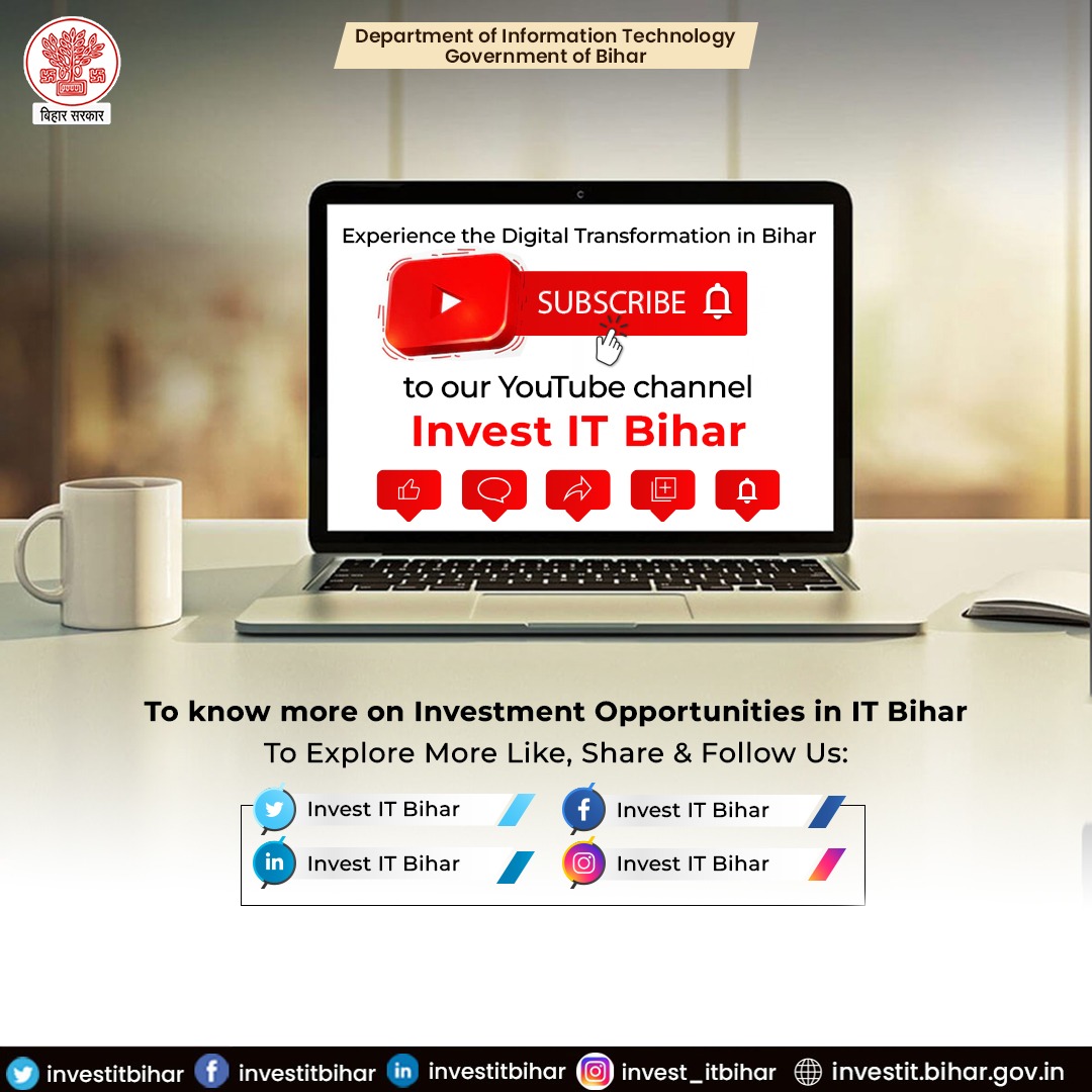 #InvestITBihar is an initiative of the DIT, GoB, to invite investors &amp; entrepreneurs to scale up their businesses in the IT sector in Bihar.
Come and #InvestinBihar Now!
To Explore More Like, Share &amp; Subscribe to our YouTube Channel 👉🏼 youtu.be/E5rL8x7-Ffw