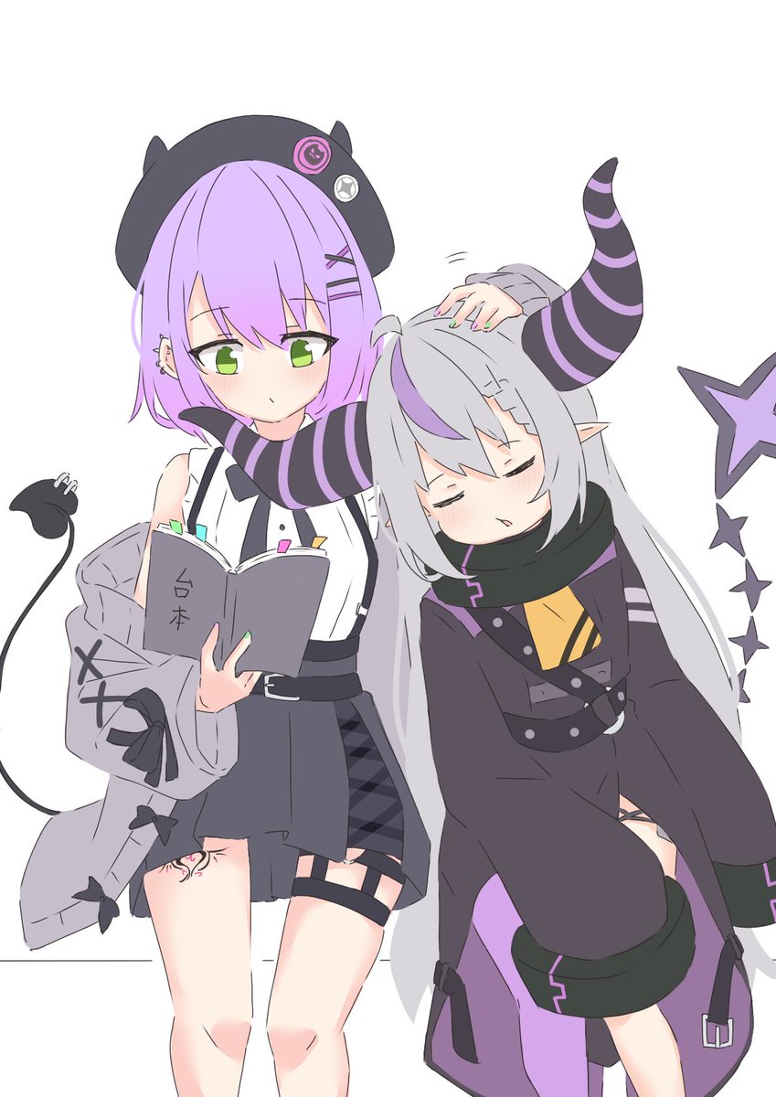 la+ darknesss ,tokoyami towa multiple girls 2girls purple hair tail horns book pointy ears  illustration images