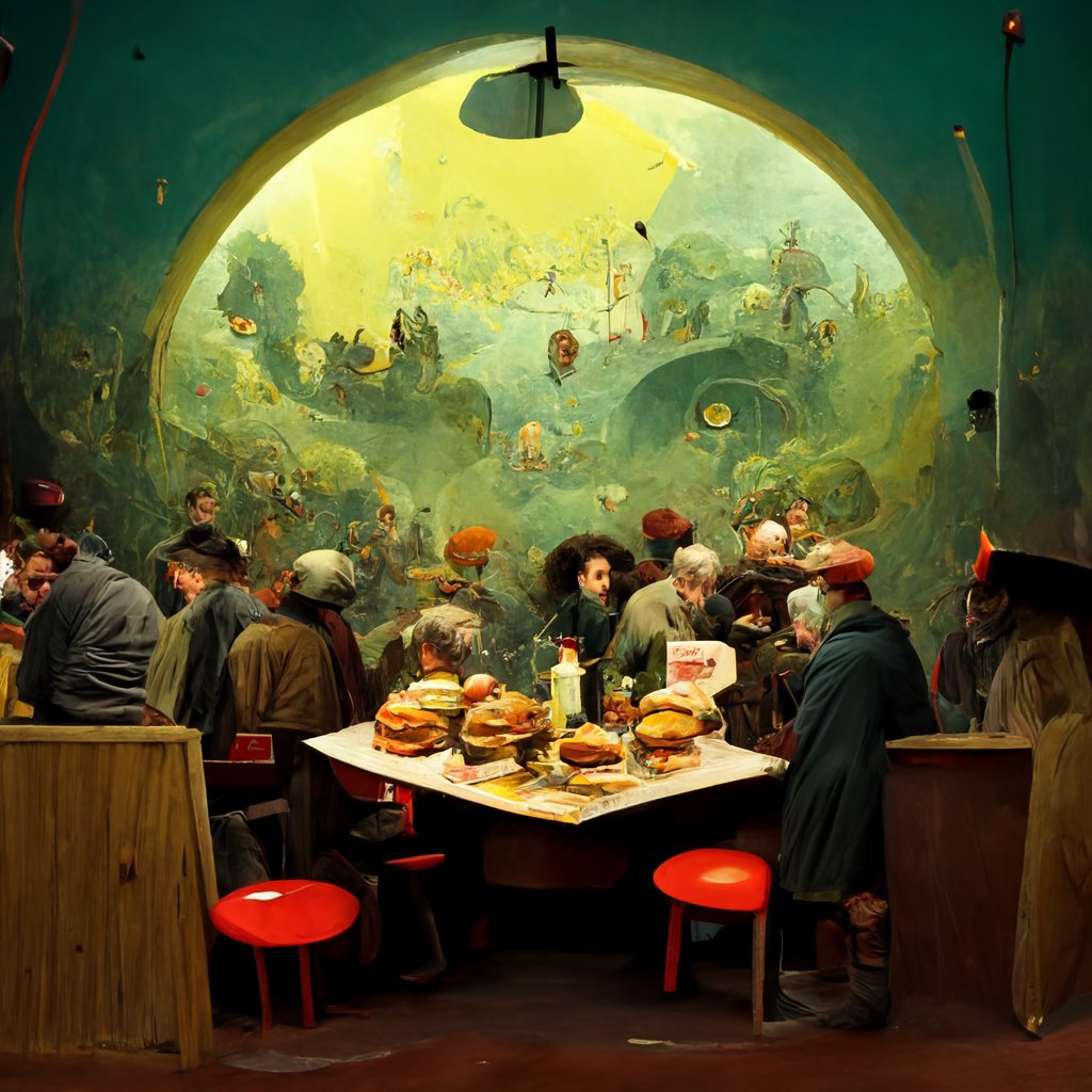 A burger restaurant in the style of Hieronymus Bosch. #MidjourneyAI