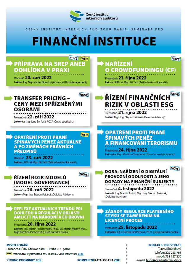 IIACzech's tweet image. Naše nabídka seminářů zaměřených specificky na finanční instituce.
📘 Kompletní katalog akcí: lnkd.in/erFz5KcR
✏Přihlašování/registrace: lnkd.in/dMFCUNi