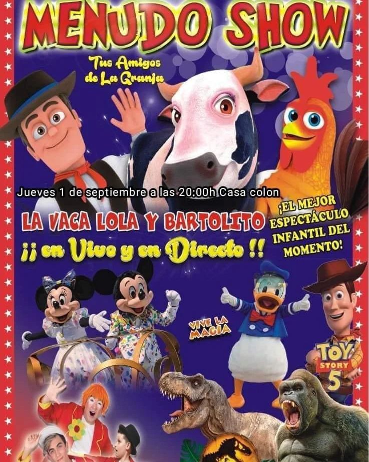 EL JUEVES 1 DE SEPTIEMBRE con BARTOLITO y LA VACA LOLA en un
🎪🎭🤡NUEVO FESTIVAL INFANTIL🤡🎭🎪y parte de los beneficios serán donados a nuestra asociación ASPEDIO.
-JUEVES 1 DE SEPTIEMBRE
-ÚNICA FUNCIÓN a las 20:00H.
-EN LA CASA COLÓN
☎️Teléfono Información 674 317 978
🎫 Ent…