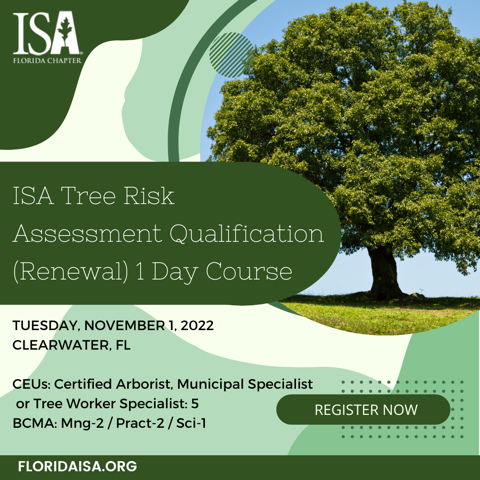 The TRAQ Renewal Course is a one-day event, with five hours of review instruction, and three hours for the indoor and outdoor exam.  
Register:events.r20.constantcontact.com/register/event… 
#FloridaISA #TRAQRenewal #CertifiedArborist #TreeWorker