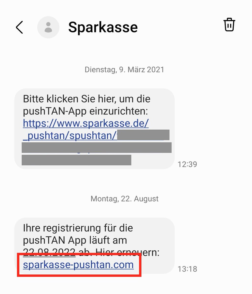 gtorges's tweet photo. ⚠️ VORSICHT BETRUG! ⚠️
Es kursieren derzeit #SMS, die denen der #Sparkasse ähneln und mit einer gefälschten #Rufnummer verschickt werden. So tauchen echte Nachrichten der Sparkasse (oben) und gefälschte (unten) im gleichen Verlauf auf!
#Scam #Phishing #Bank #Geld #Konto https://t.co/NyYNdklGxi