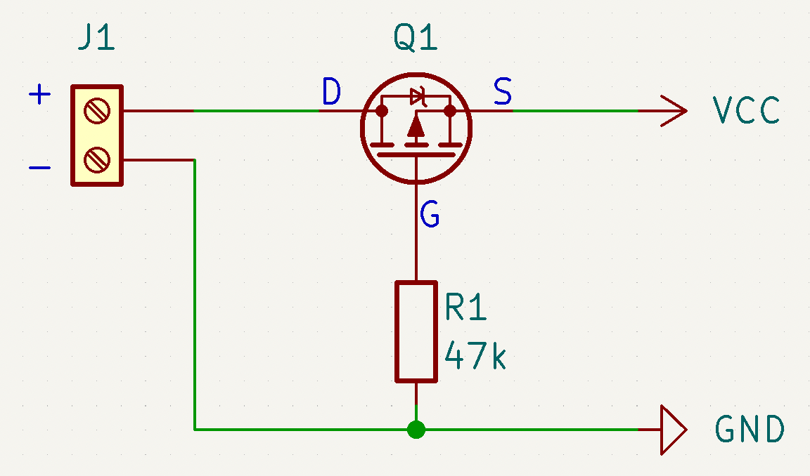 Quick #electronics tip: You can use a p-channel mosfet and a resistor to add reverse polarity protection to a circuit if a diode doesn't work due to it's voltage drop.