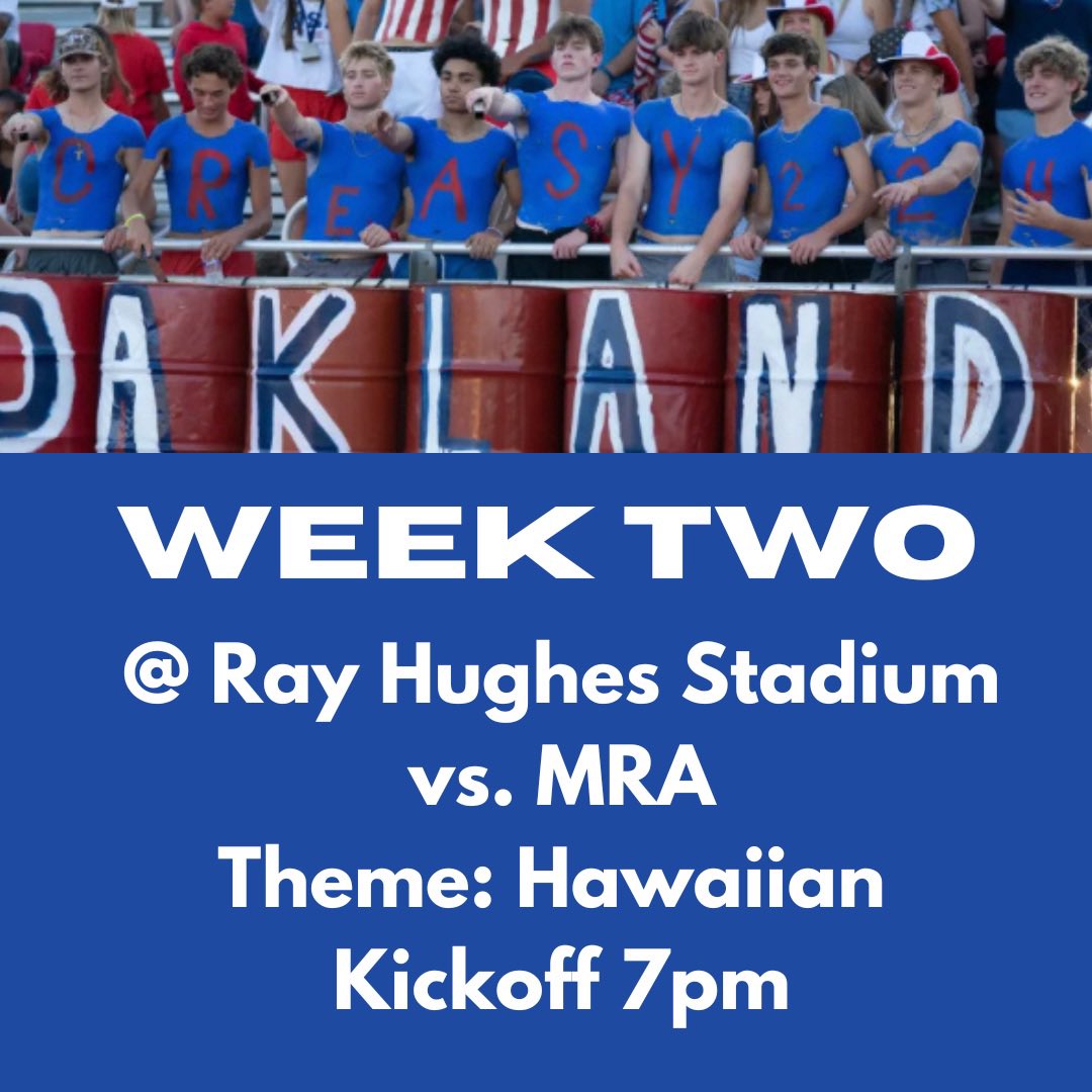 It’s that time again!! We have a huge week ahead of us Patriot fans. This Friday we play MRA at home, and we need the stadiums PACKED. Come out in your Hawaiian gear, and show MRA how we do it in TN. GO PATS!! ⭕️🏈😈 <a href="/OHS_OEC/">Oakland Endzone Club</a> <a href="/OHSPatsFootball/">OHSPatsFootball</a> <a href="/PatsNationTN/">PatsNationTN</a> <a href="/OaklandRCS/">Oakland High School</a>