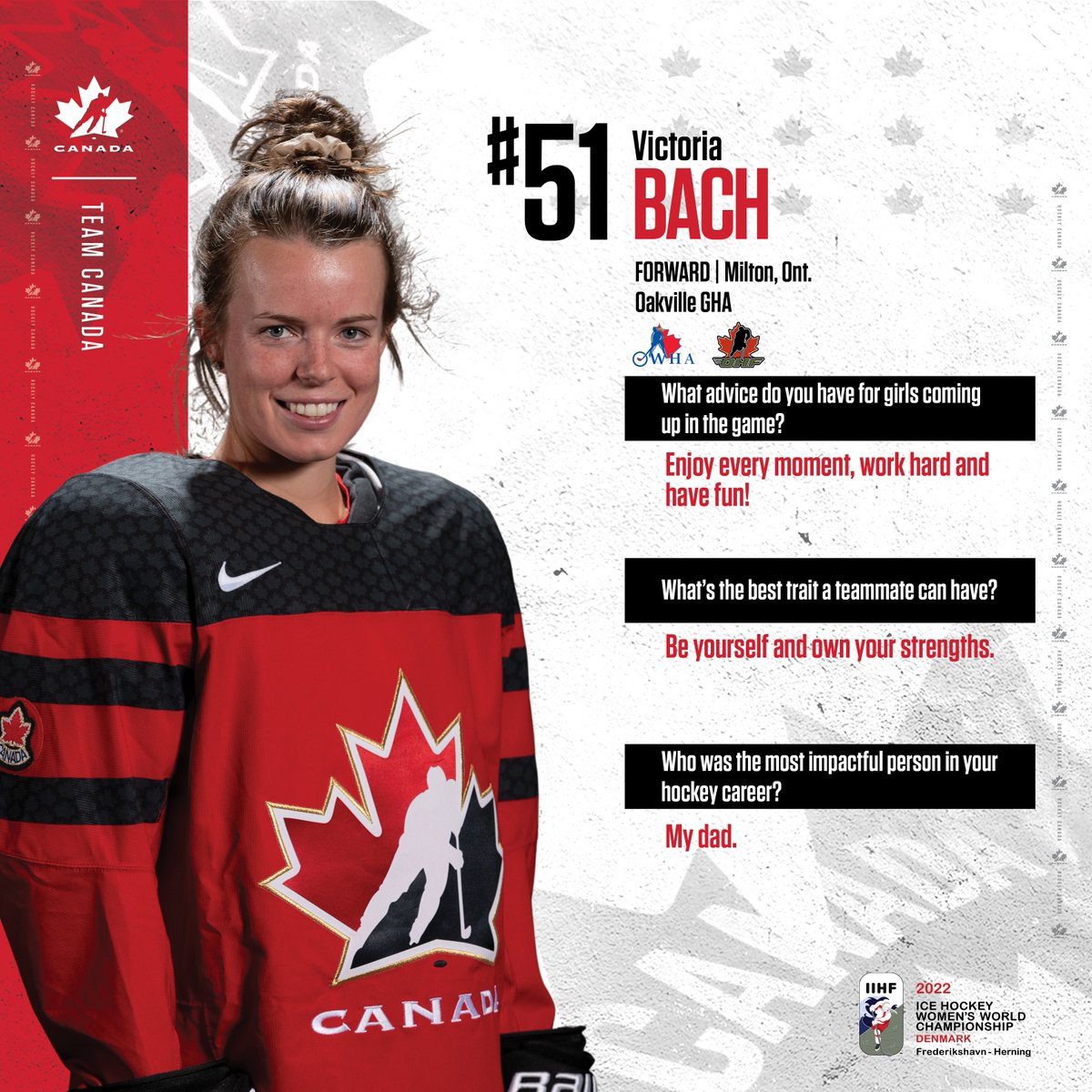 HockeyCanada's tweet photo. In the lead up to #WomensWorlds, get to know the 2️⃣3️⃣ members of Canada's National Women's Team. 🇨🇦

Today's highlights:

🍁 @veebach21 
🍁 @Abell17Bell 
🍁 @nursey16 
🍁 @KristinONeill10 https://t.co/3k6vJoY6W2