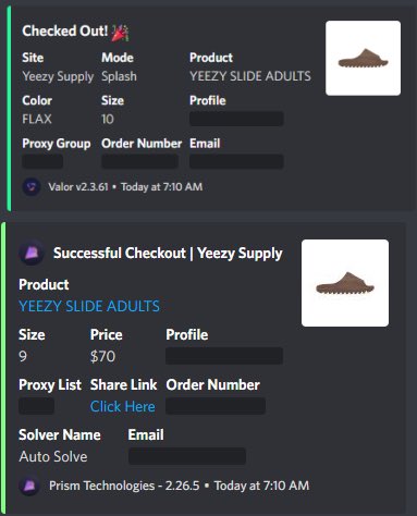 Yeezy supply always rough but we came through with a few hits+few unlogged thanks to @ValorAIO @PrismAIO 👑 Proxies:@sugarproxies @SpearProxies_ @UnknownProxies Server: @strafesservers CG: @OniNotify