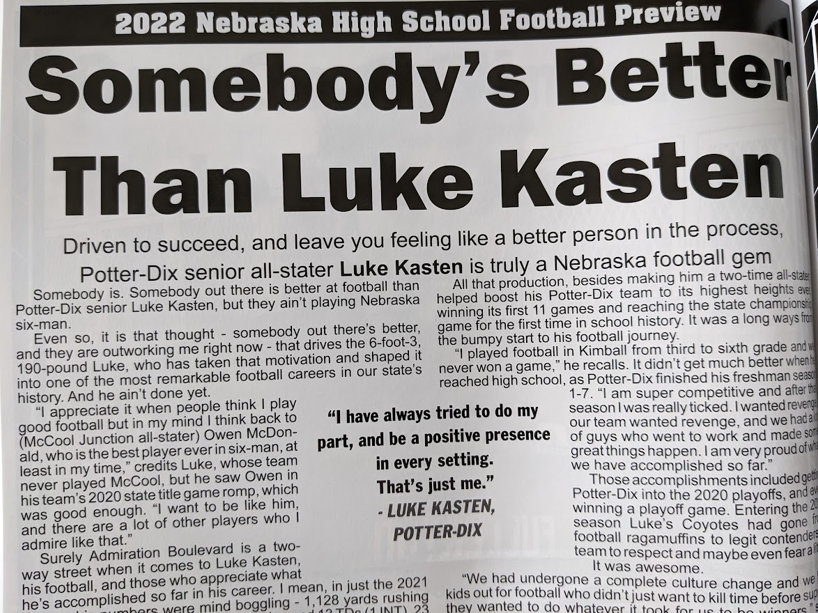 And another thing, there are 19 player feature stories in our 2022 Huskerland high school football preview. Always my favorite part, including the one I did with @pd_schools QB #LukeKasten. Nothing else like it in the state, hope you get yours. DM me to make sure. #Since1990