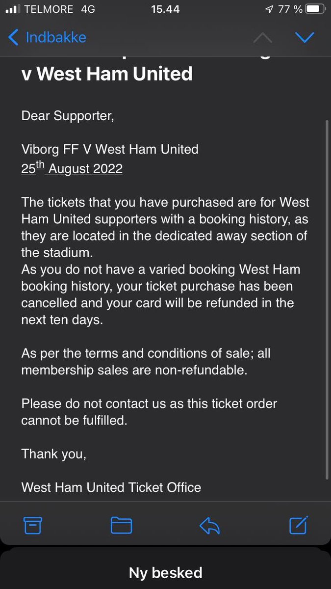 Vrangbak's tweet photo. @WestHam Lots of loyal Danish Hammers are getting this message. Lacking booking history due to COVID19 or getting tickets through WHU-friends or Scandinavian Hammers. This must be solvable? ⚒️ https://t.co/wKplmVlfR1