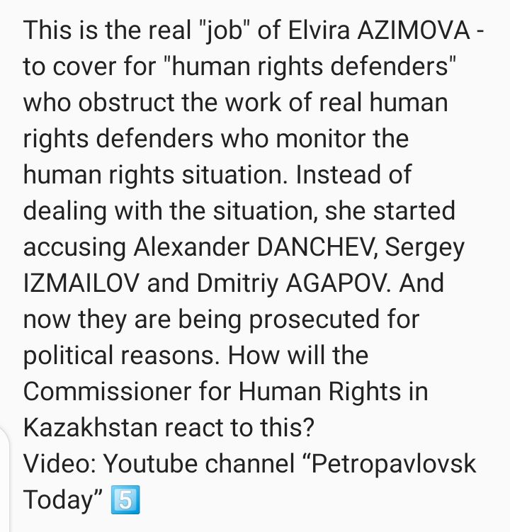 Veritas_kz's tweet photo. 5/6
On 25 July 2022, Elvira #AZIMOVA did not address the issue that Marina NISTOLI had prevented human rights defenders from visiting the temporary detention facility and the colony despite the fact that they had asked to consider the matter. https://t.co/hiWEUnKmgR