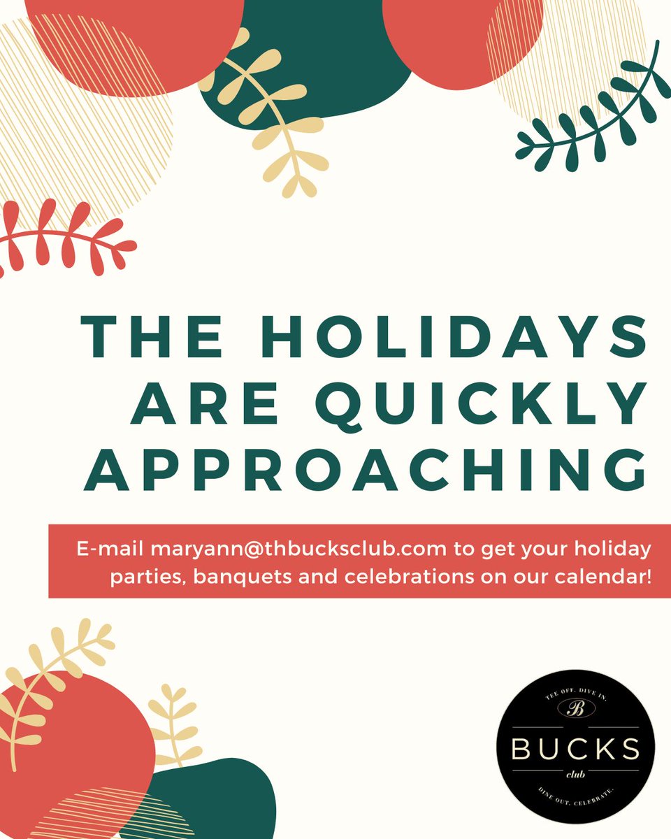 The_Bucks_Club's tweet photo. Summer is coming to a close, which means the holidays are coming up quick! Have you gotten your holiday party on our calendar yet?

E-mail maryann@thebucksclub.com to schedule your event!

#thebucksclub #buckscounty #buckscountypa t #holidaysinbucksco https://t.co/WFbQkUcMp4