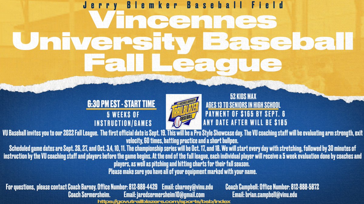 *ATTENTION*
VU will be having a Fall Baseball League this year starting in just a few weeks! Please head over to ced.vinu.edu/wconnect/Cours… to sign up! 

<a href="/JaredSerm10/">Jared Sermersheim</a> <a href="/bcampbell1010/">Coach Campbell</a> @VinUniAthletics