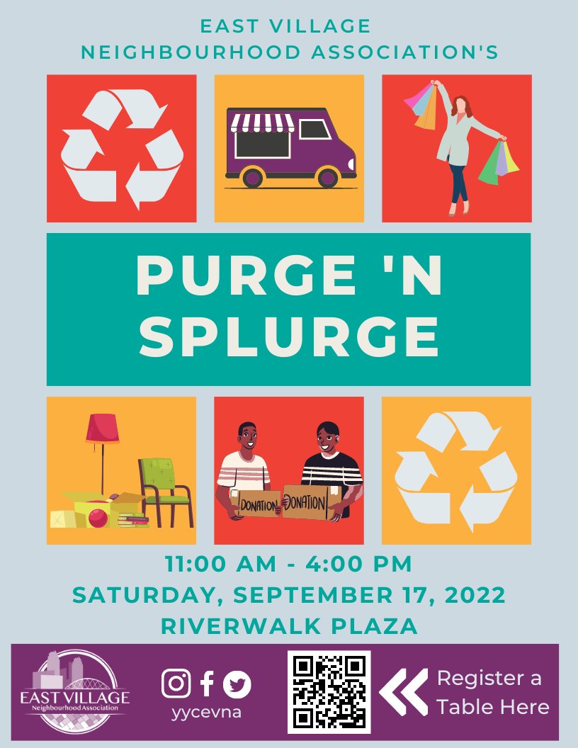 EV'S NEIGHBOURHOOD GARAGE SALE!
Rent a table to sell gently used items or pop by to find new treasures, donate gently used items, grab a treat at food trucks, recycle electronics &amp; shred papers securely! Check yycevna.org for more info!  #EVneighbours #yyc #yycevents