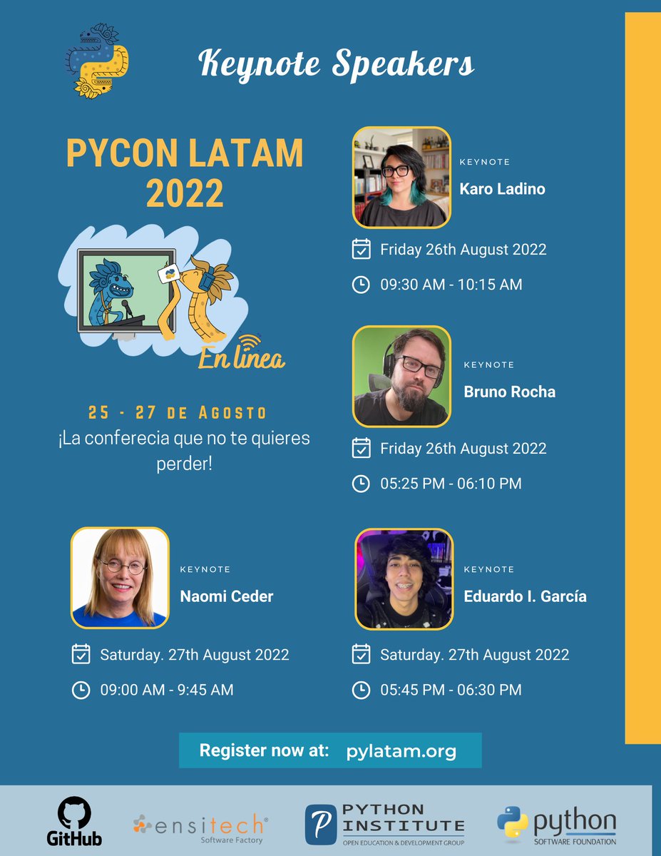dennyperez18's tweet image. 📢Look at the Keynote lineup we will present at #PyConLatam22 this year.🎉🐍

Don&apos;t miss the opportunity to participate in this great conference with cool #Python devs!

🗓️ August 25th - 27th
💻 Online
🌐 pylatam.org

Tickets👇
events.hubilo.com/pycon-latam-20…

#PyCon
#PyLatam