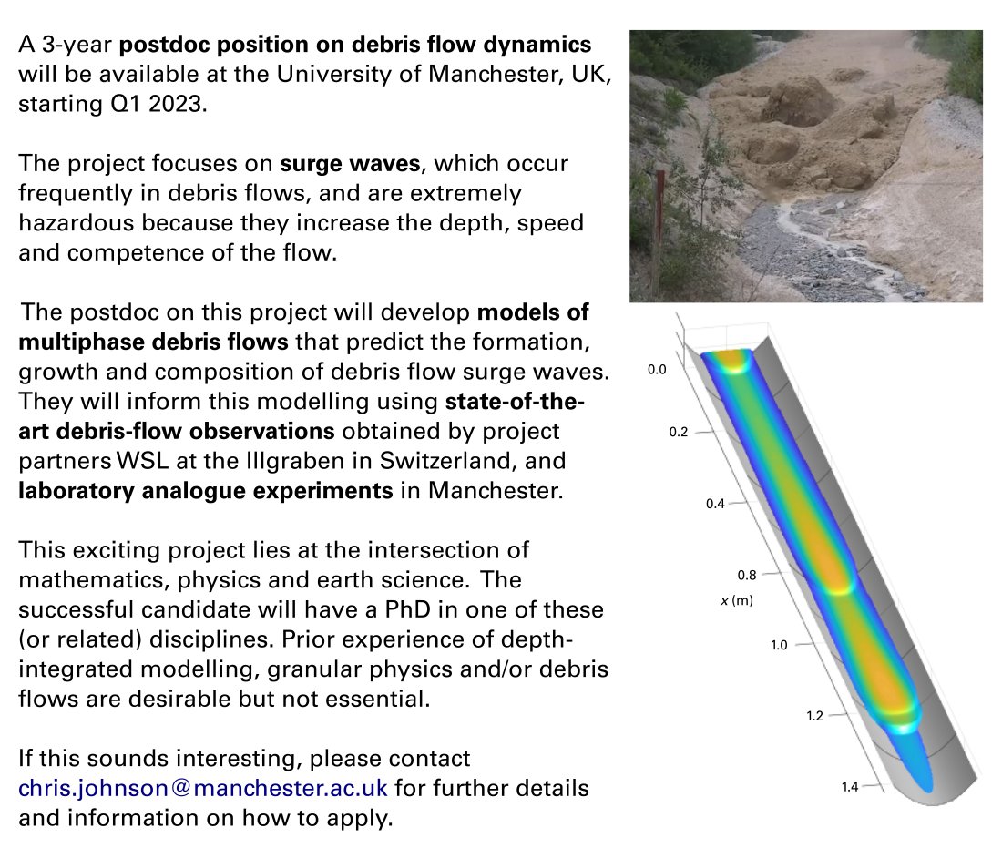 🚨Postdoc available! A three-year <a href="/NERCscience/">Natural Environment Research Council</a> funded postdoc on modelling debris flow dynamics will be available at the University of Manchester <a href="/UoMSciEng/">UoM Science and Engineering</a>, starting early 2023.

⭐️Please RT and pass on this early announcement to potential candidates. DM/email me for details.