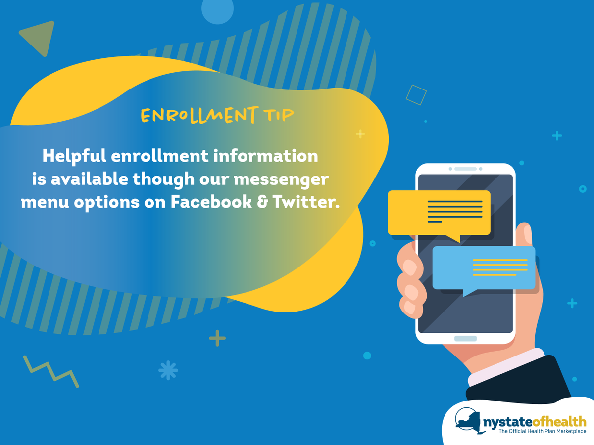 NYStateofHealth's tweet photo. For ways to enroll in a health plan, try our menu options on Facebook and Twitter! Send us a message, and click "Open Enrollment" to learn about important dates, enrollment options, and more! https://t.co/6gqp3iZ5gn #EnrollmentTips https://t.co/r2Tunul7Nh