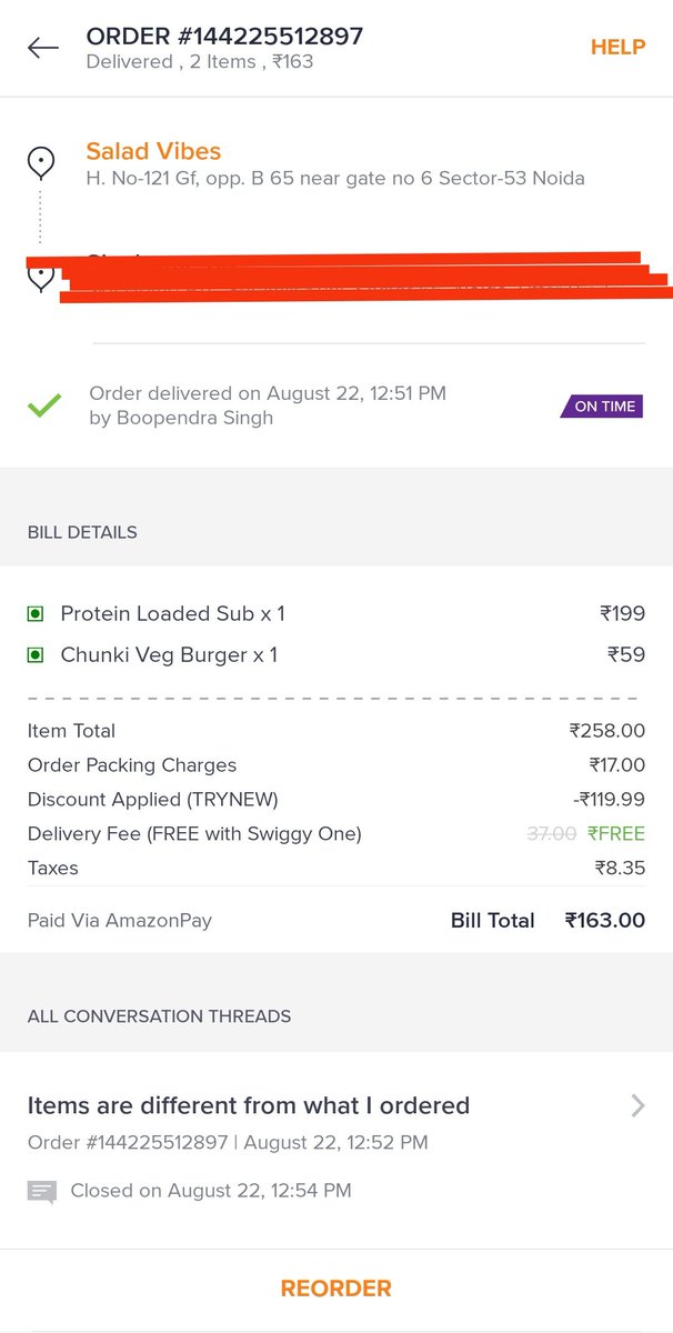 SirHasan72's tweet photo. Today I ordered a Protien Loaded Sub and a Whole Wheat Burger from Salad Vibes through @Swiggy. Instead I recieved 3 Veg Sandwiches. I mailed swiggy team regarding the same

But Swiggy replied to me that they can't do anything in this regard. Clearly a pathetic service by @Swiggy https://t.co/dJdcvzhDcd