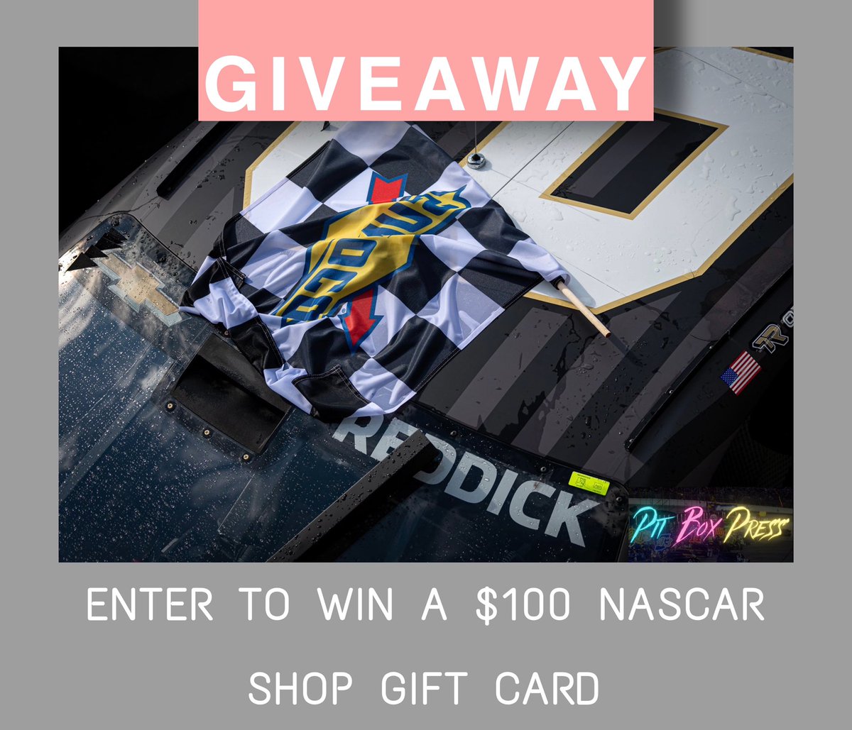 GIVEAWAY: Want to make sure you’re decked out for your next #NASCAR race? Keep reading!

We are giving away a $100 gift card to the online NASCAR shop. Want to win? Here’s how to enter:

-Follow us <a href="/PitBoxPress/">Pit Box Press</a>
-Retweet this post

That’s it! We’ll pick a winner on 8/29.