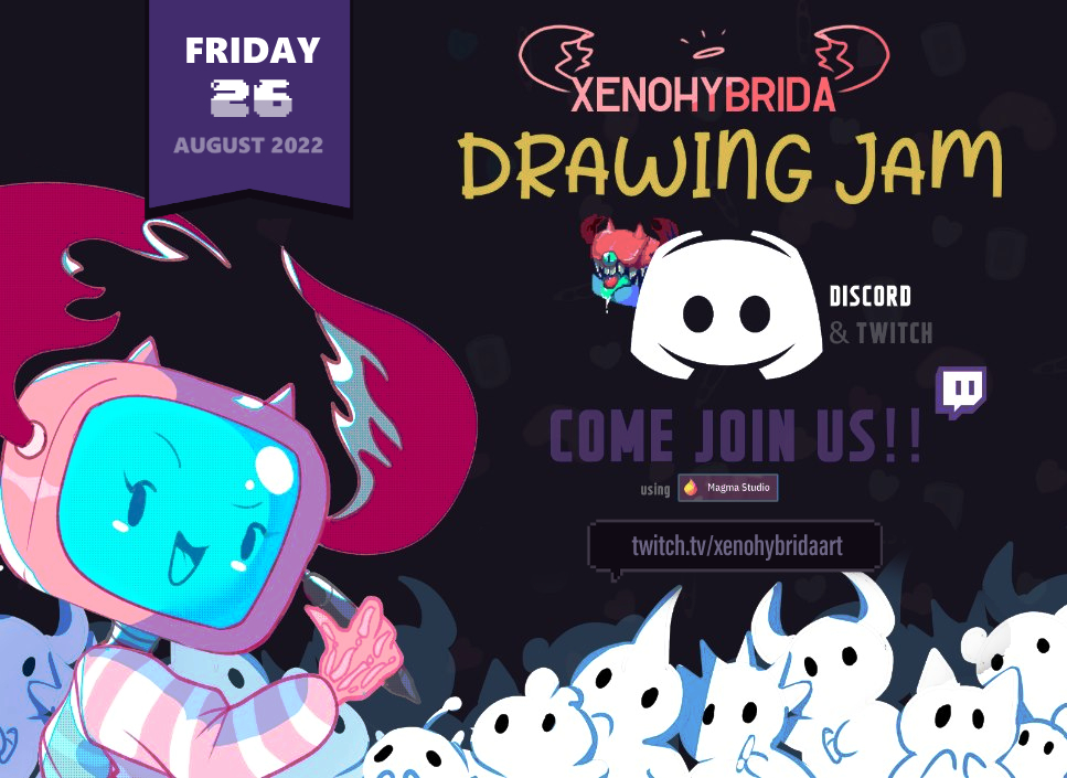 XenoHybridaArt's tweet photo. ~ ✨Art Jam It's back! let's all draw together!✨

💖Anyone is welcome!! Will be streamed live at my twitch and will be using magma studio which is free!
 
🥰Join On Friday Aug. 26 - 7pm AST #drawingjam #TwitchAffliate #xenoevents https://t.co/Ae40PsGmib