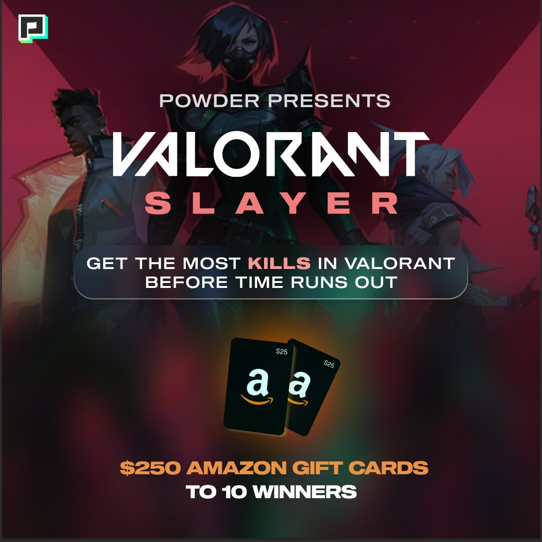 Powder_video's tweet photo. This challenge in #powderpc is for the slayers in @PlayVALORANT π₯
Valorant Slayer challenge βοΈ
π’ Starts: 23rd Aug 7:30am GMT
π΄ Ends: 23rd August 7:30pm GMT
The Amazon gift cards are back, top 10 users will be rewarded with $25 Amazon Gift Card each. π https://t.co/SuZF3nZhqh